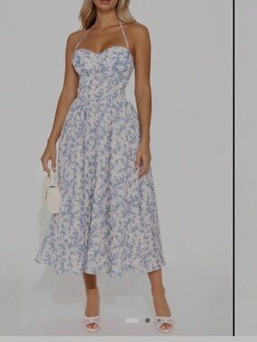 cleo Blue and White Floral Corset Midi Dress- brand new